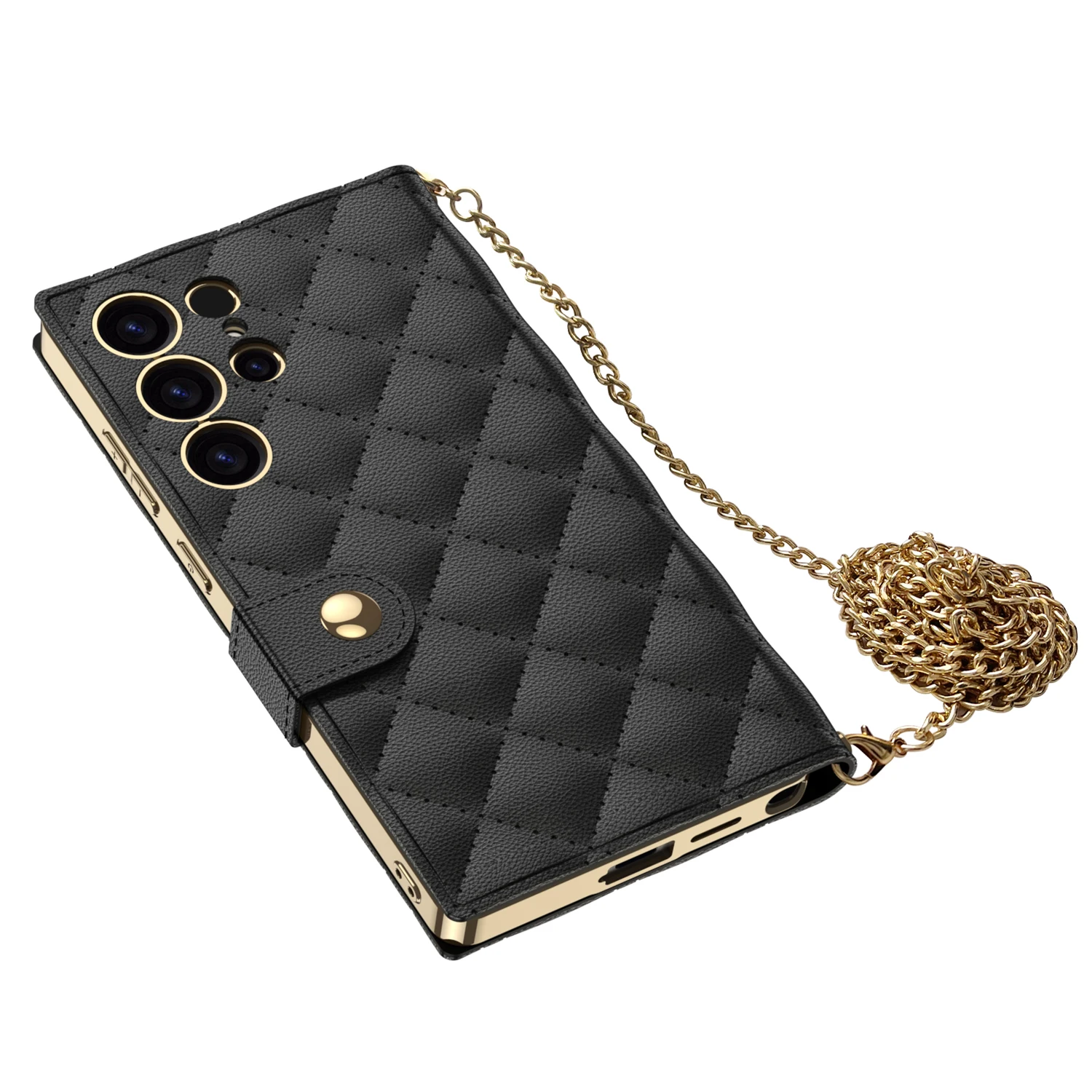 

Diamond Leather Strap Chain Case For Samsung Galaxy S25 Ultra Wallets Card Slot Fold Stand Hard Cover For Galaxy S25 Ultra Case
