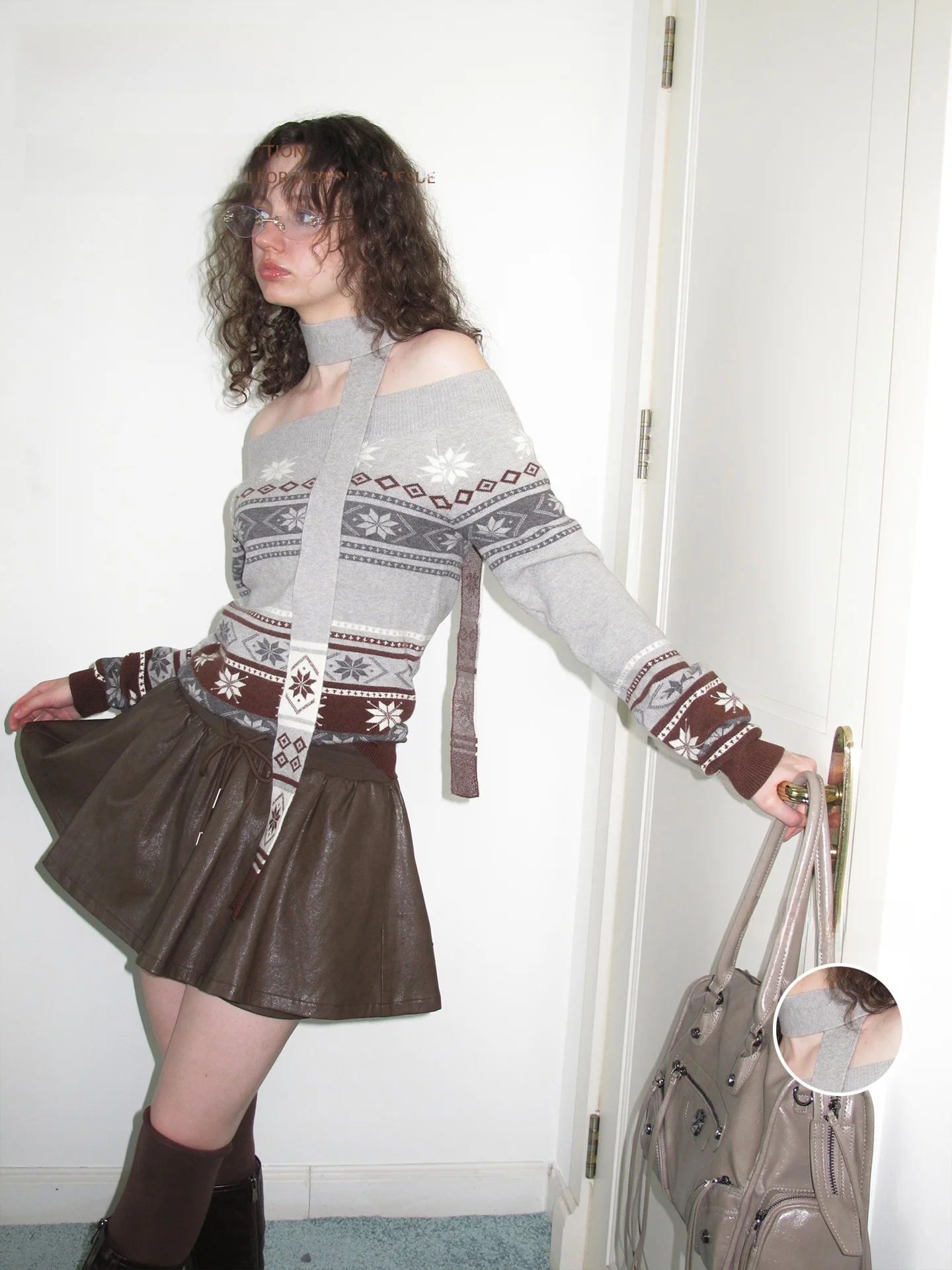 

Вязаный свитер на одно плечо UNSOYAO с маленьким шарфом, серия «Исландия и Сосна», свободный крой, круглый вырез, короткий рукав