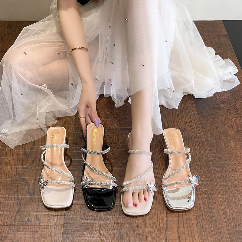 

2025 Fashion Silver Crystal Sandals Women Rhinestone Butterfly Thick Heel Sandles Woman Summer Med Heeled Party Shoes Female
