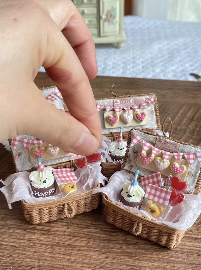 Customized Miniature Dollhouse Food Set - Handmade Clay Basket Sweet Treats Bundle (Lily of The Valley/Strawberry/Berry Theme)