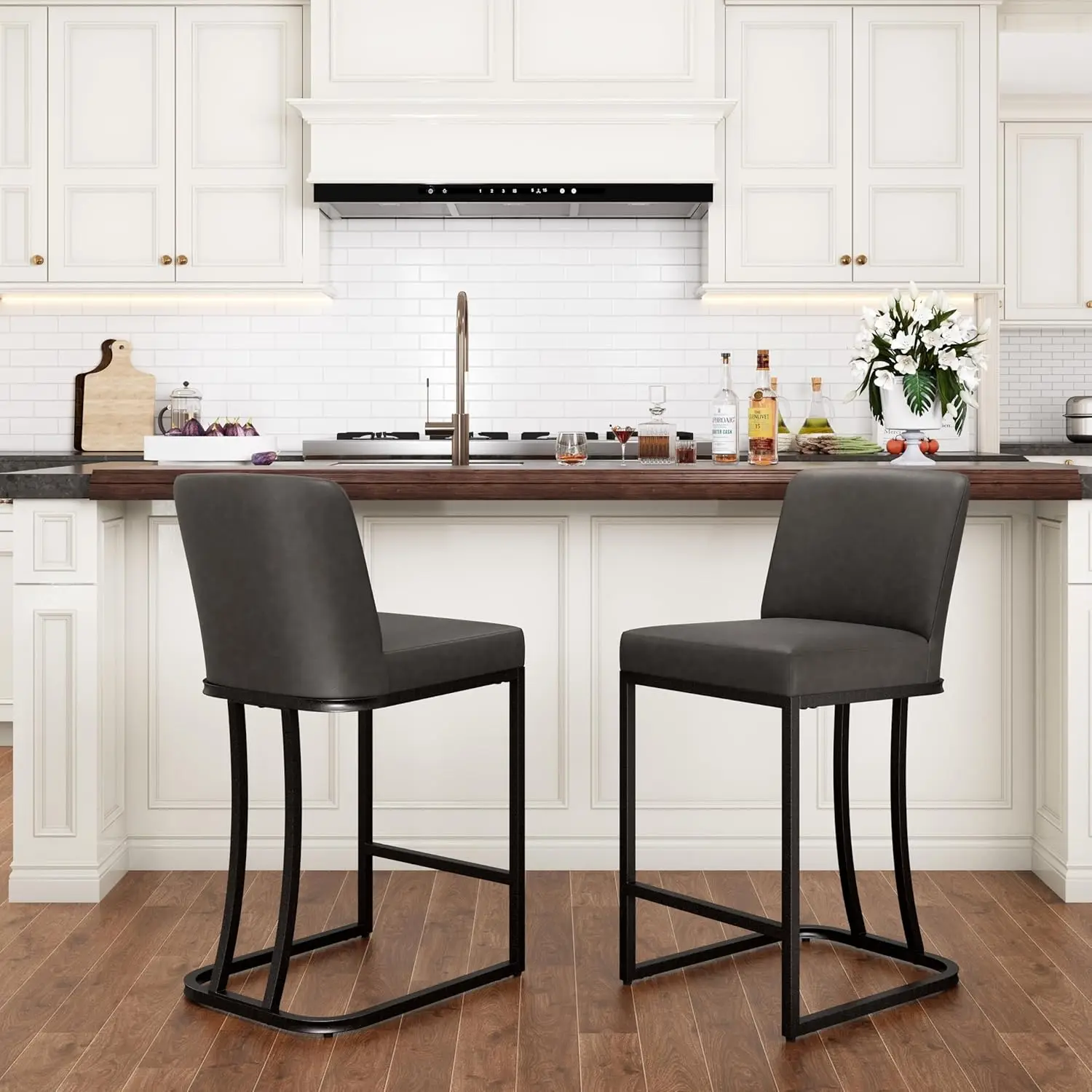 Dark Grey Bar Stools Set of 2, Faux Leather Counter Chairs, 24' with Back