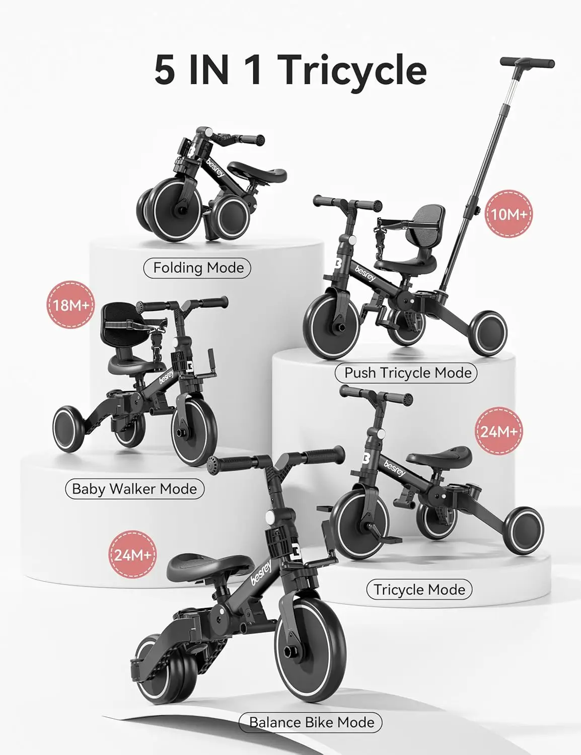 Tricycle 5 en 1 pour tout-petit de 1 à 3 ans, vélo avec poignée poussoir, dossier et ceinture de sécurité, cadeaux d'anniversaire et jouet