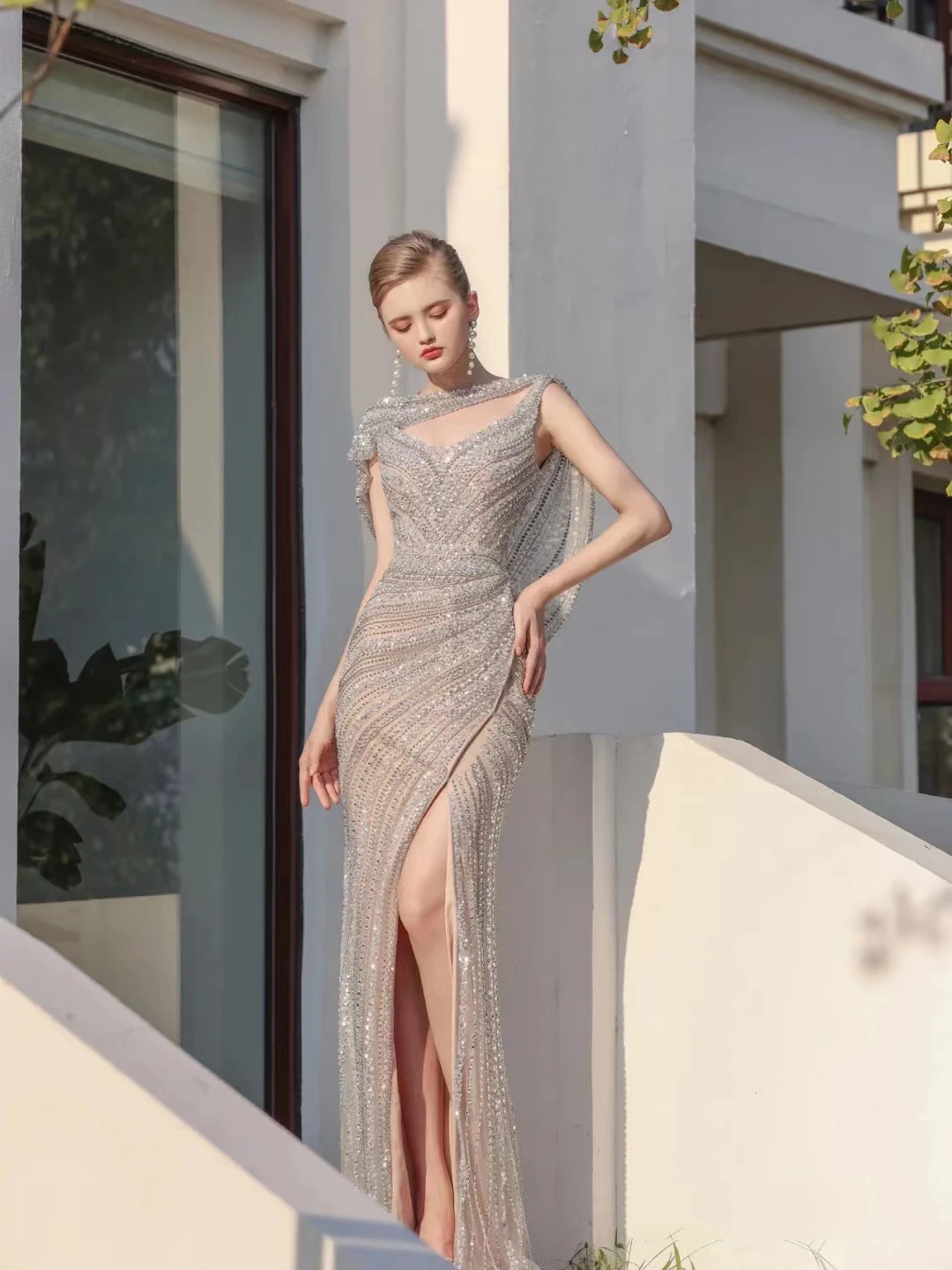 Luxury Heavy Beading Dubai Evening Dresses with Cape Elegant Mermaid Long Slit Formal Prom Gowns for Women Wedding Guest Party