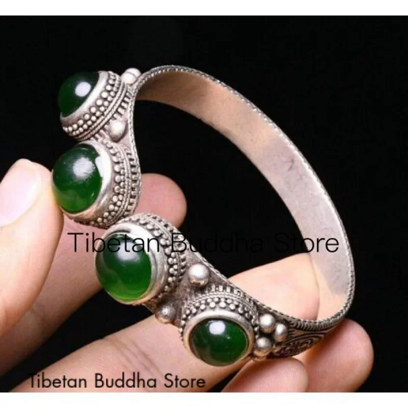 6.5CM Old Tibet Miao Silver inlay Green Jade Pattern Jewelry Bracelet Bangle