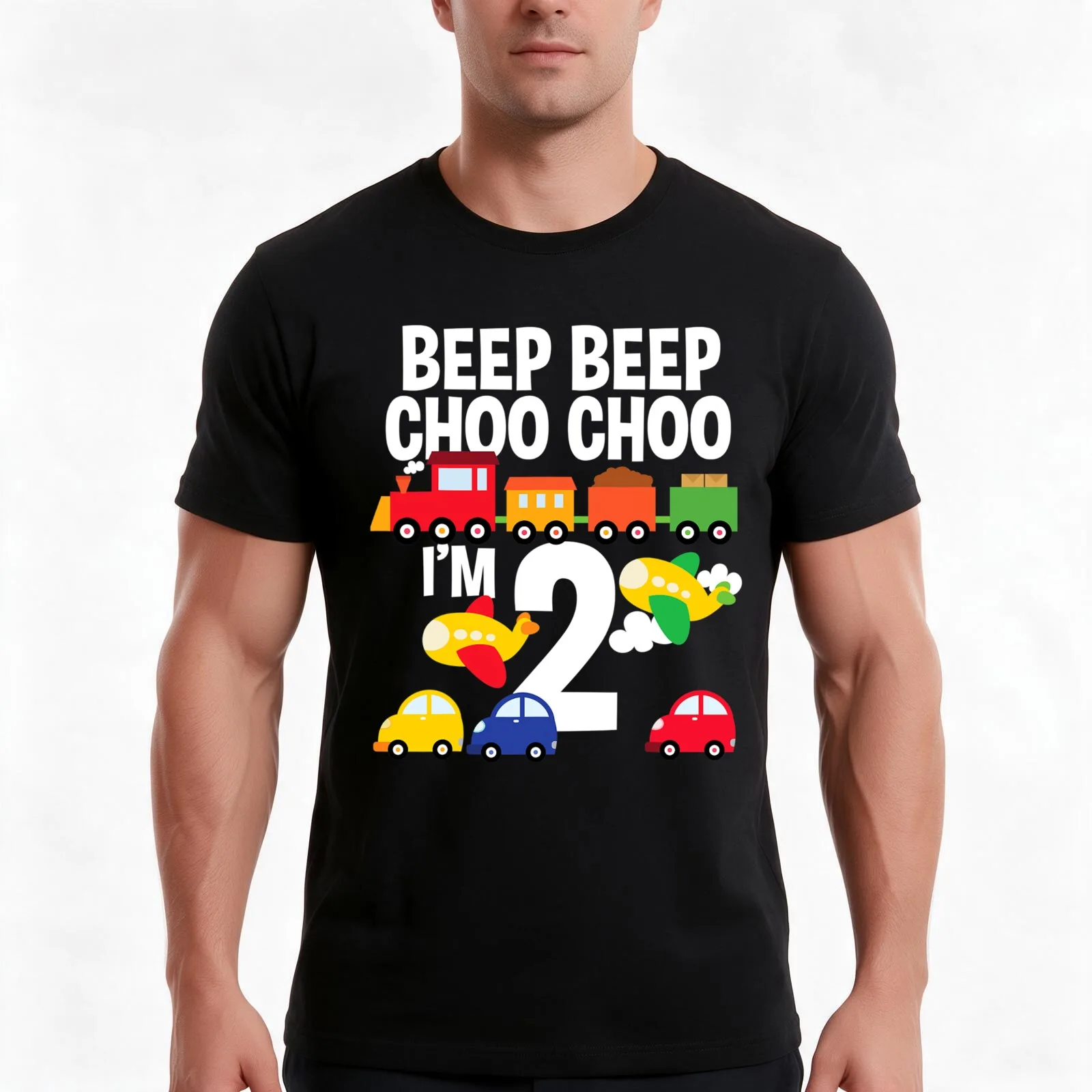 I'm 2 Birthday Boy 2nd Bday Trains Cars Airplanes T-Shirt, Summer Casual Cotton Tee, Oversized Streetwear Tops, Unisex Men Women