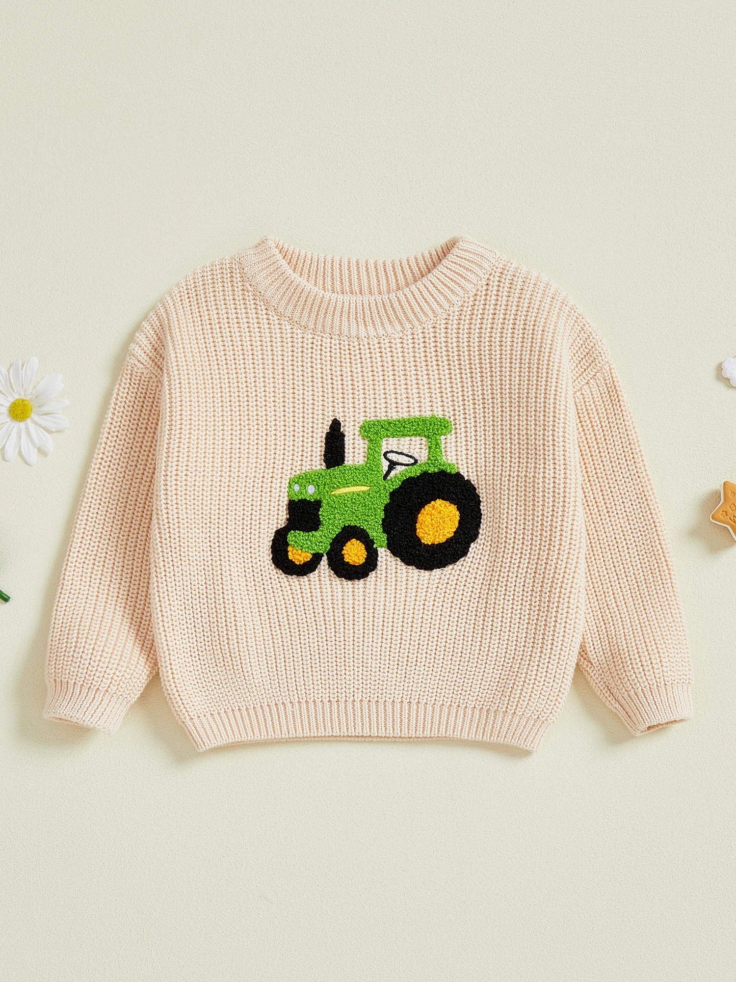 

Infant Boy s Cozy Knit Sweater with Adorable Tractor Embroidery Long Sleeve Crew Neck Pullover for Newborns Cute and Casual