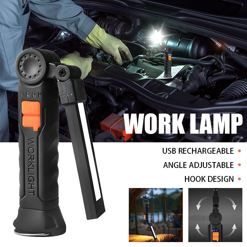 Portable COB LED Flashlight USB Rechargeable Work Light Magnetic Lanterna Hanging Lamp with Built-in Battery Camping Torch