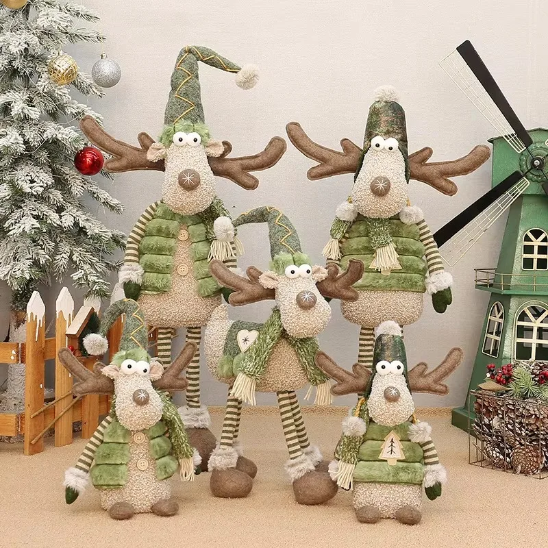 Suitable for Christmas decorations, cute retractable elk statues, New Year decorations, green fabric, quadruped elk gifts