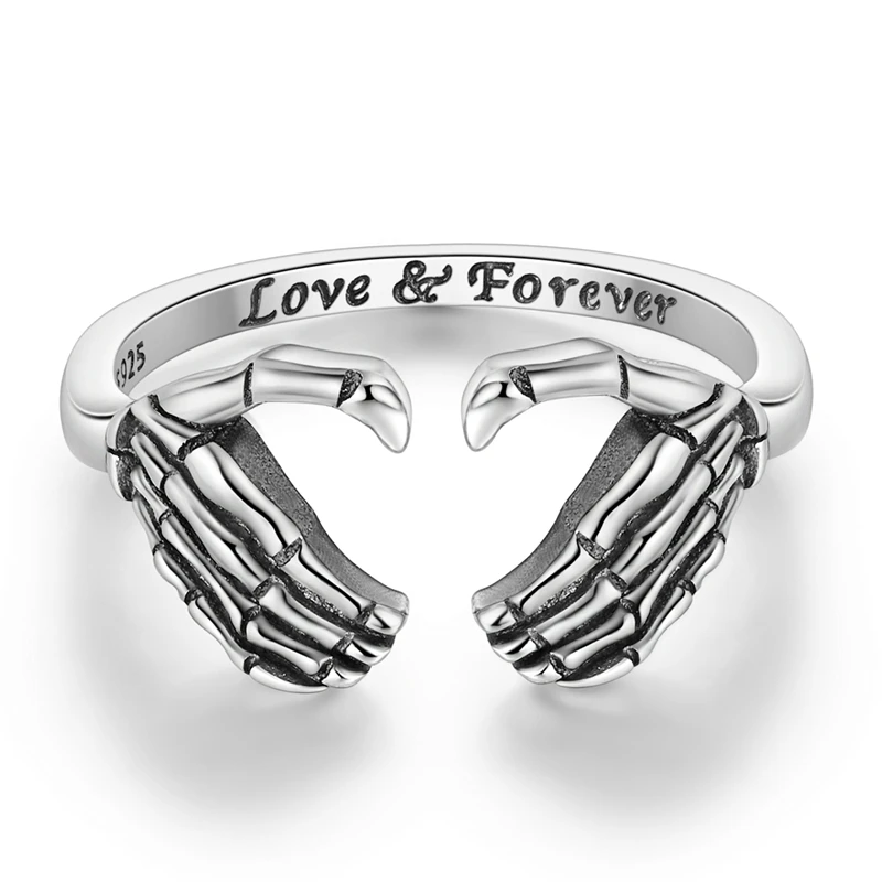 Original 925 Sterling Silver Sparking Skeleton Hand Heart-Shaped Open Rings For Women Girls Jewelry Birthday Anniversary Gifts