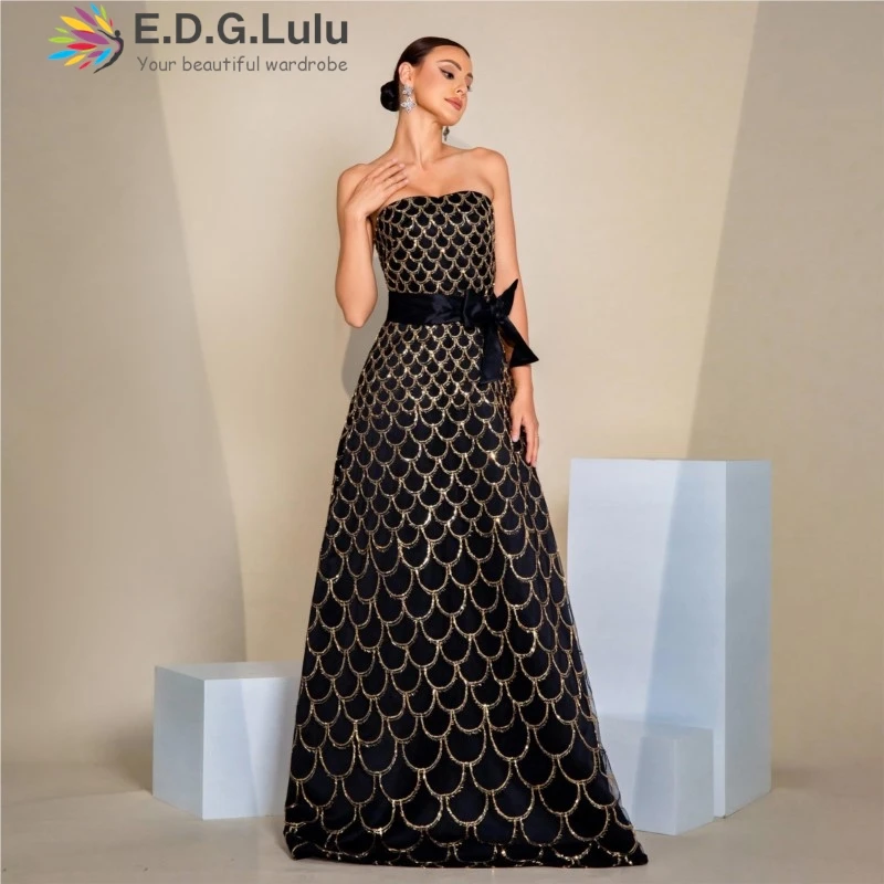 EDGLuLu Strapless Luxurious Women's Evening Dresses Woman High Waist Bow Sleeveless Backless Party Long Mermaid Dresses 1217