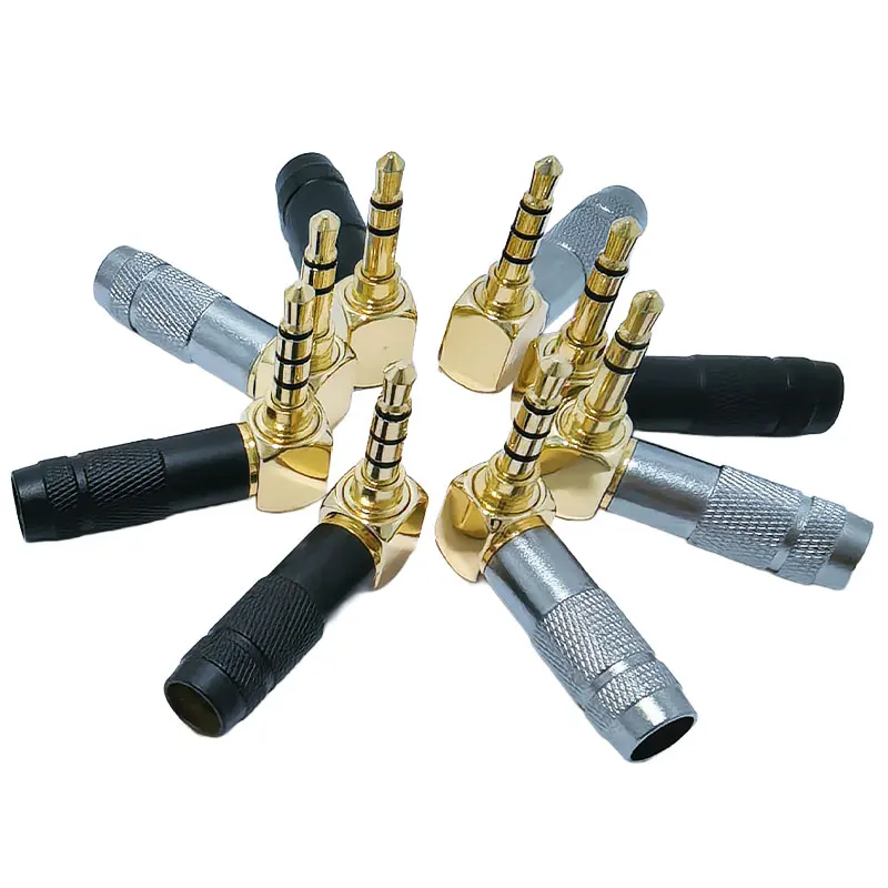 L Shape 3.5mm 3/4 Pole Audio Solder Plug, Gold Plated Jack with 6.5mm Cable Tail Hole 3.5mm Right Angle Audio Plug