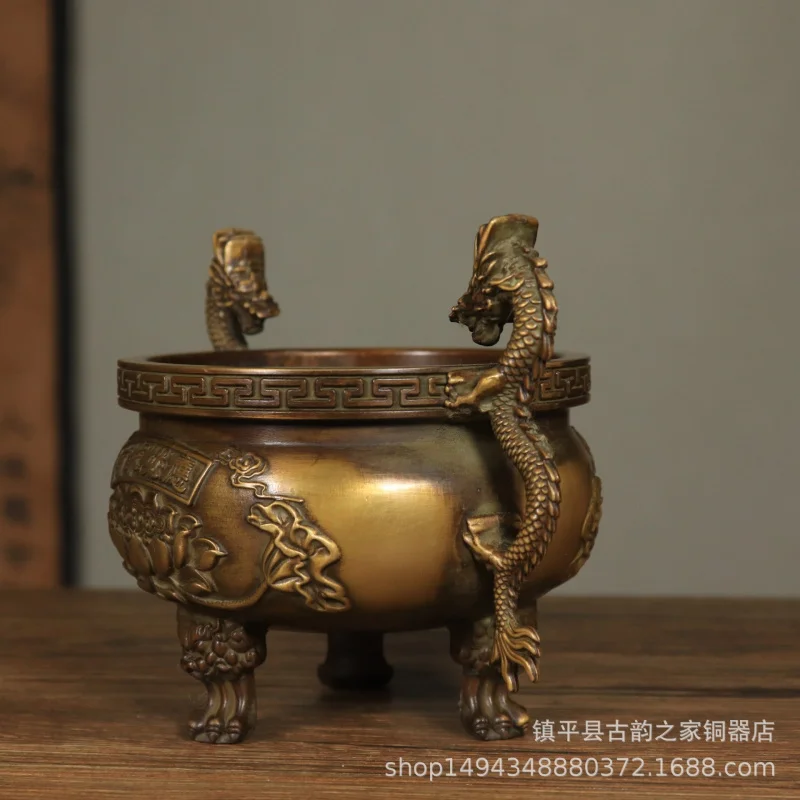 Pure Copper Double Dragon Ornament Large Home Use Living Room Incense Burner Indoor Chinese Style Buddhist Hall A