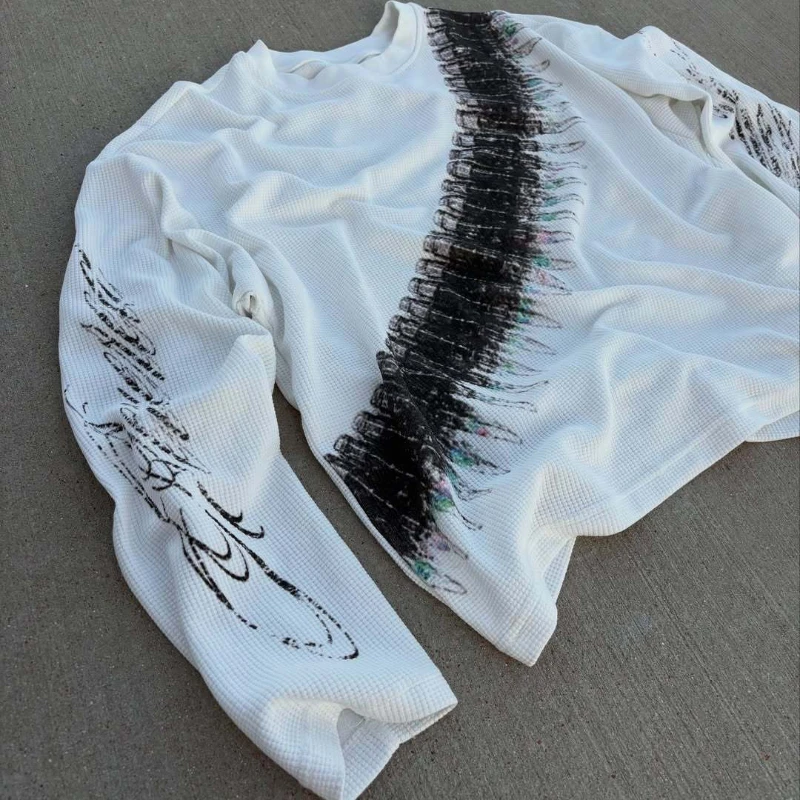 2025 جديد y2k رصاصة رسالة مطبوعة الأمريكية الرجعية كم طويل تي شيرت الشارع نمط عادية فضفاض الرجال والنساء #1