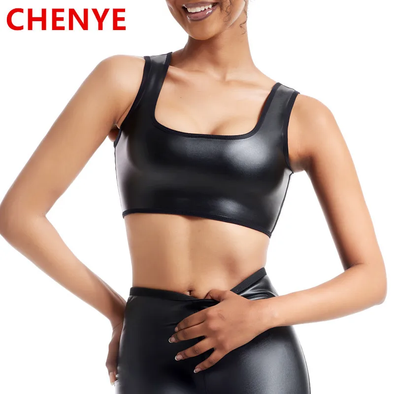 

Women Faux Leather U Neck Solid Sleeveless Camisole Crop Tank Top Waist Trainer Body Shaper Slim Shirt Sports Shapewear Sexy Bra