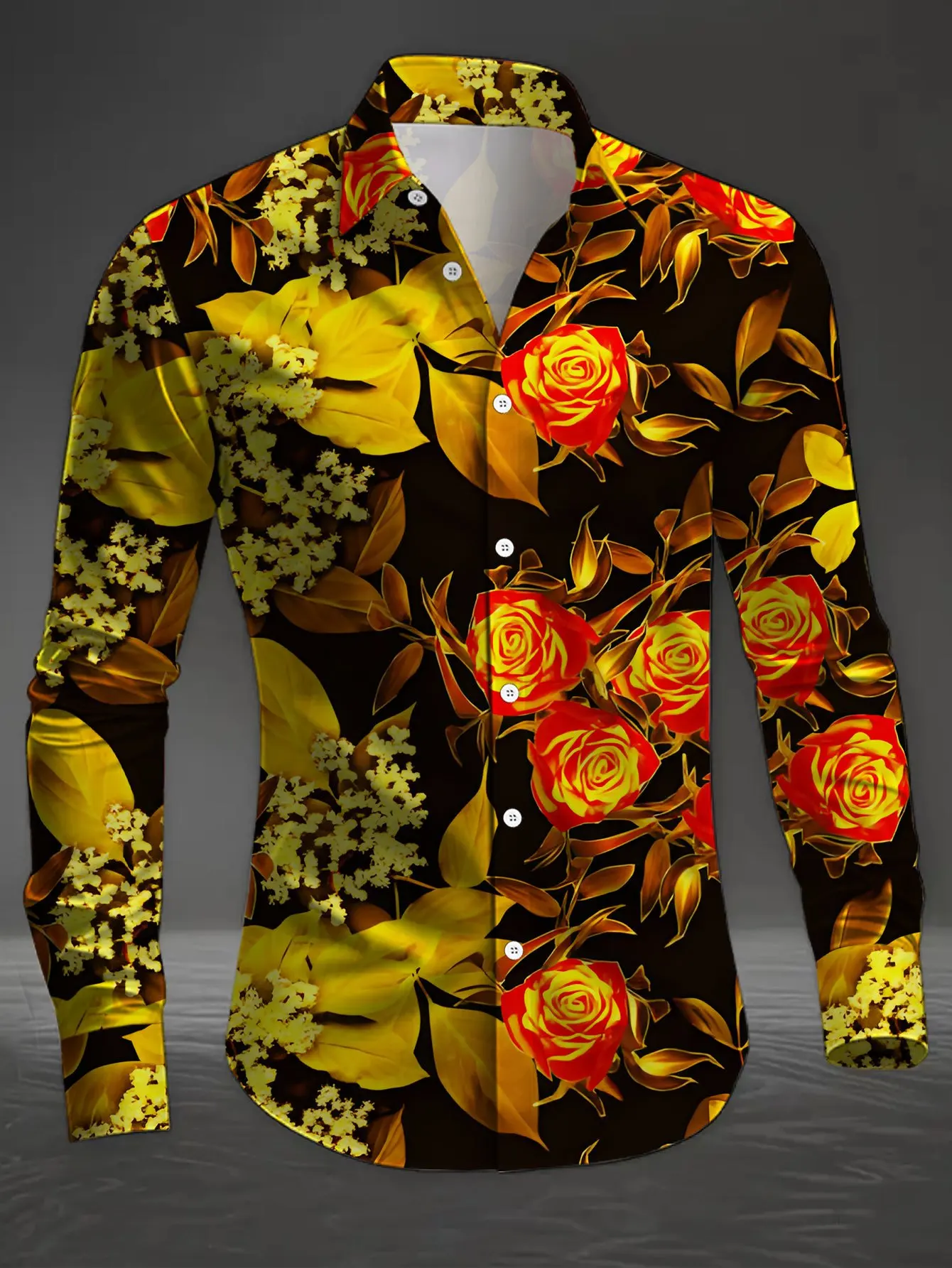 Men Long Sleeve Button Down Shirt Black Golden Red Rose Floral Leaf Print Polyester Lapel Collar Party