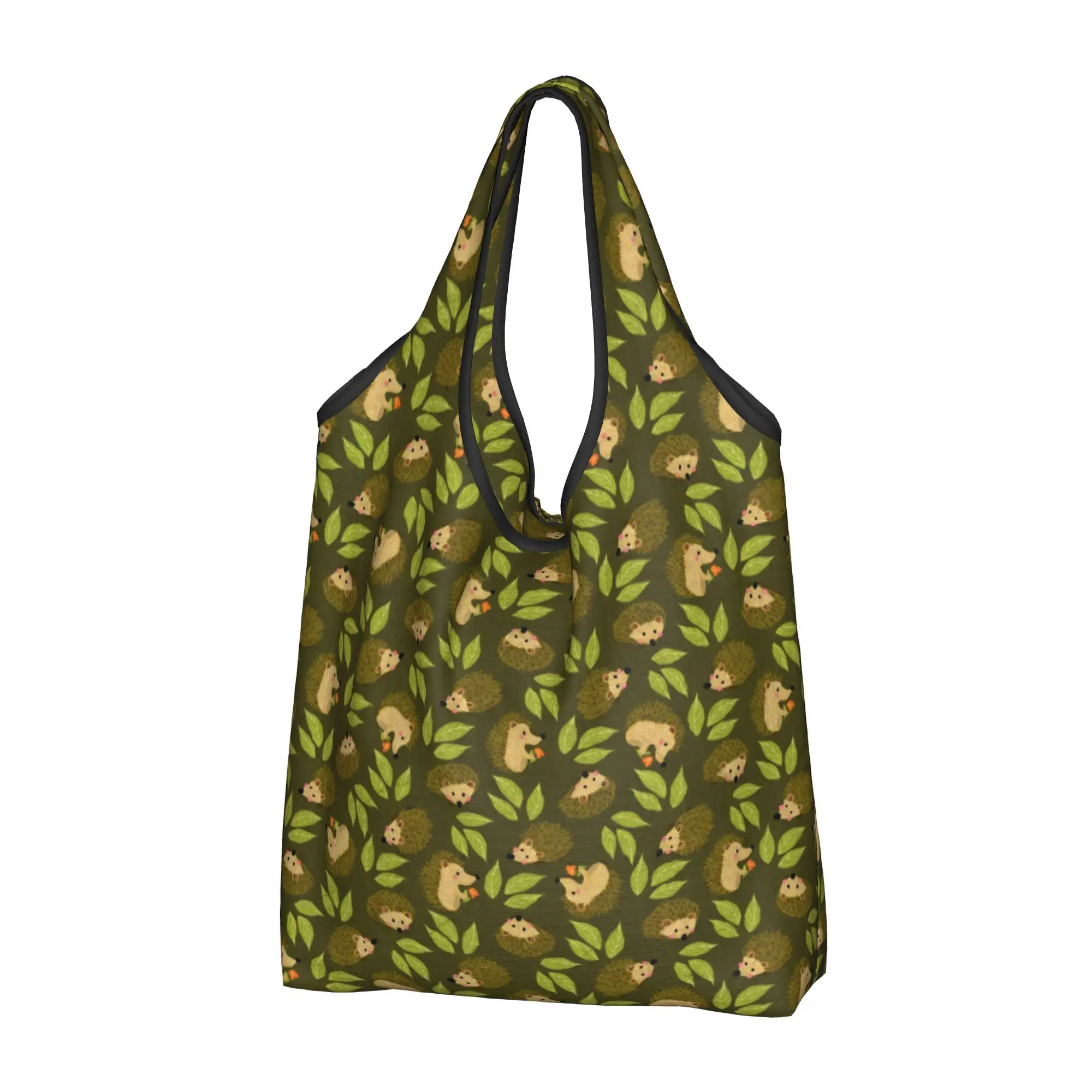 Cute Cute Woodland Hedgehog Furze Pig  Shopping Tote Bag Portable With Blue Leaves Dark Green  Groceries Shoulder Shopper Bag