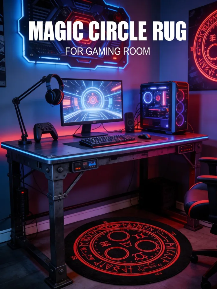 Heavy Duty Magic Pentagram Round Rug, Wear-Resistant Gaming Mat, Durable Carpet for High Traffic Game Room