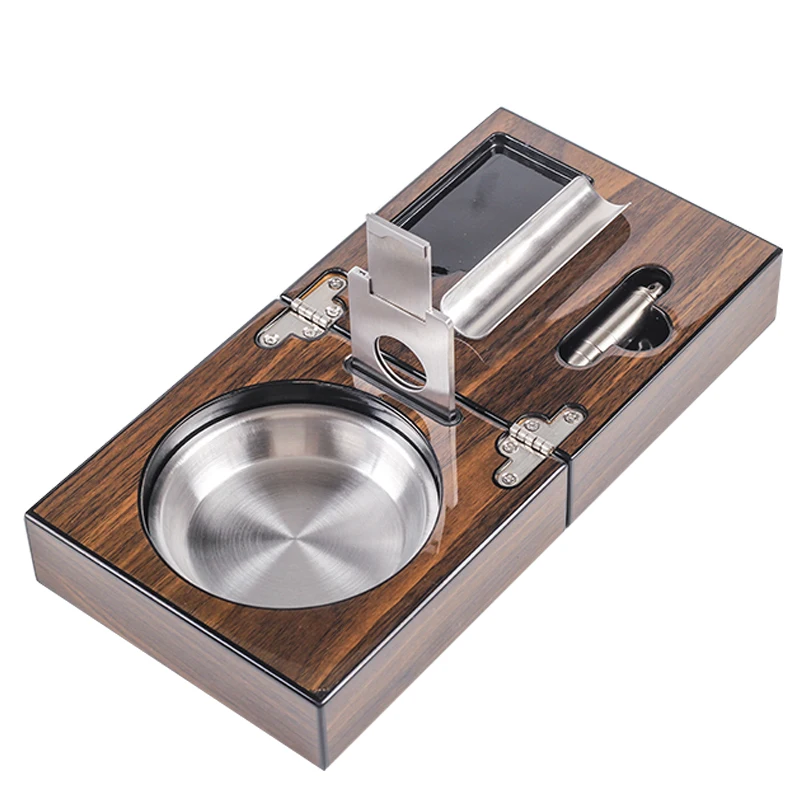 

New 1 set Cuban cigar ashtray, solid wooden Box stainless steel ashtray + Cigar Punch+Cutter+Holder portable Foldable