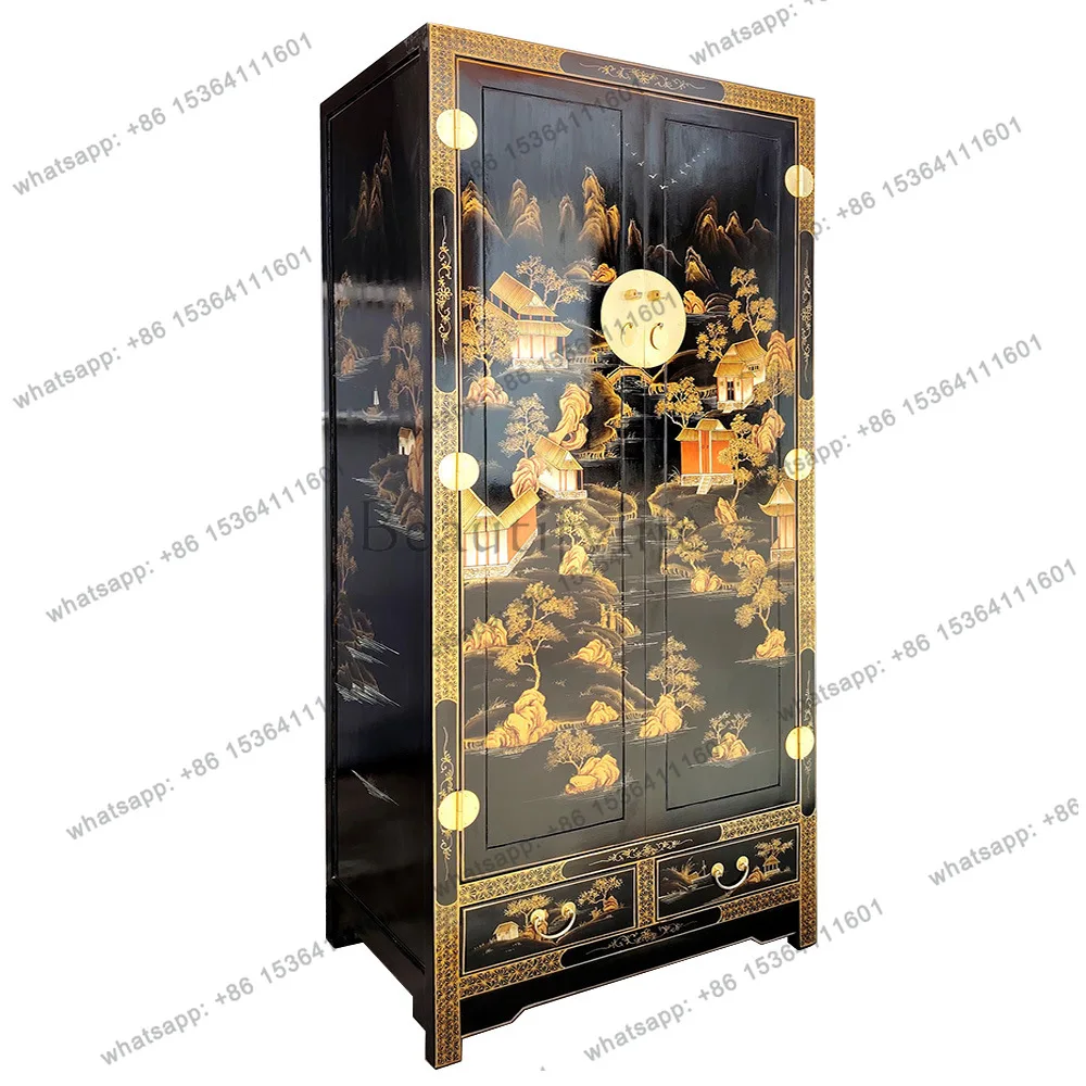 

New Chinese wardrobe antique solid wood wardrobe retro storage painted black gold