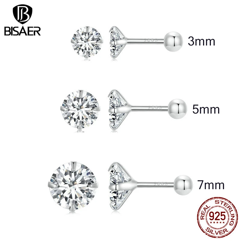 BISAER 100% 925 Sterling Silver Round CZ Stud Earrings Platinum Plated AAAA Cubic Zirconia Hypoallergenic Earrings for Woman