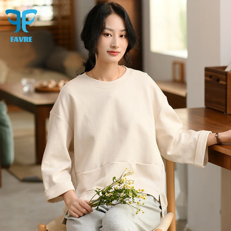 

FAVRE Simple Solid Sweatshirts Womens Roundneck Hem Slit Pullovers Spring Autumn Literary All-match Ins Casual Loose Tops