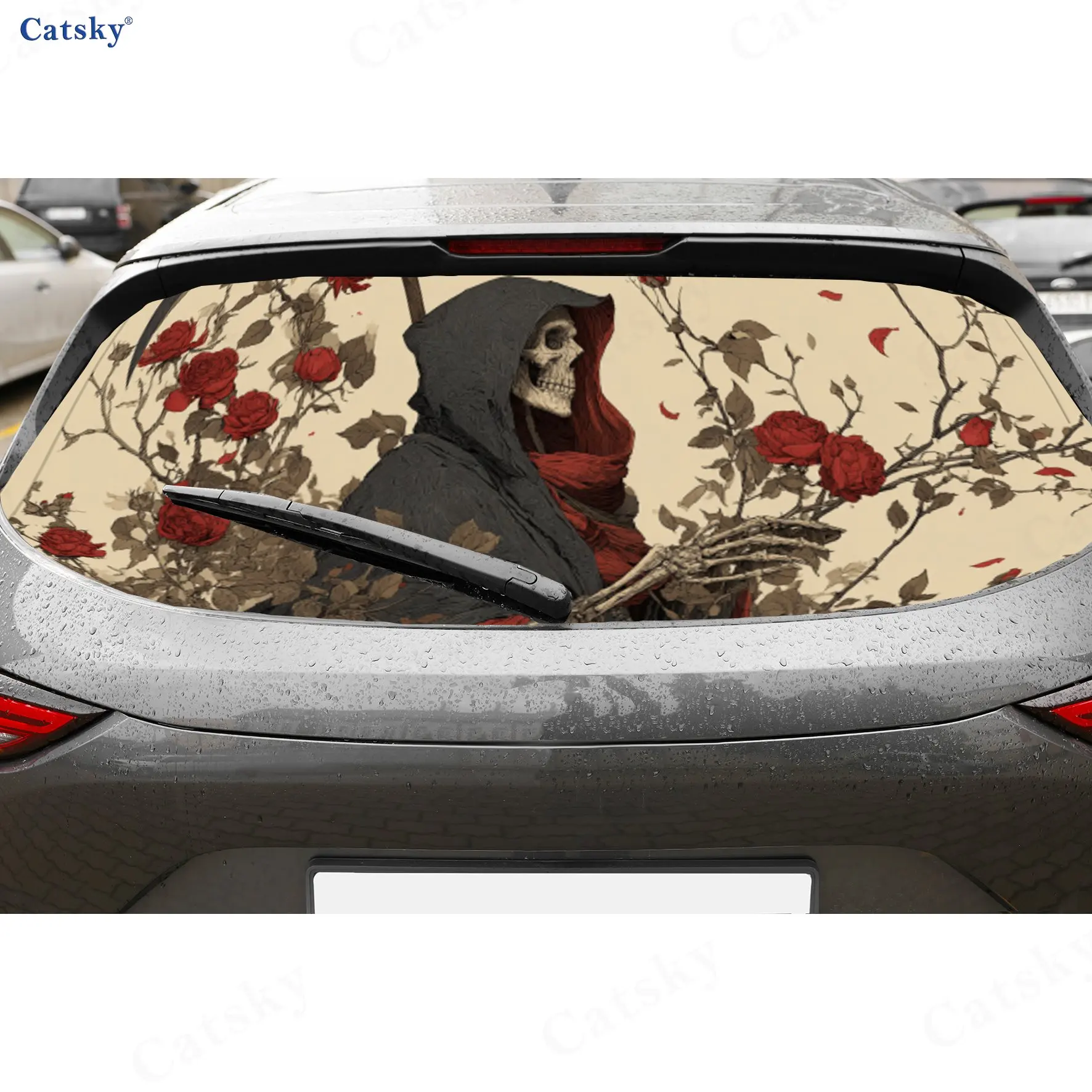 

Rose Skull Dark Art Pattern PVC Perforated Car Vinyl Wraps, Durable Car Rear Windshield Sticker, Waterproof Car Rear Window Deca