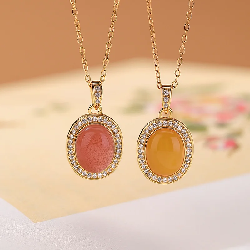 S925 Sterling Gold-Plated Red Amber Inlaid Geometric Cabochon Versatile Silver Pendant