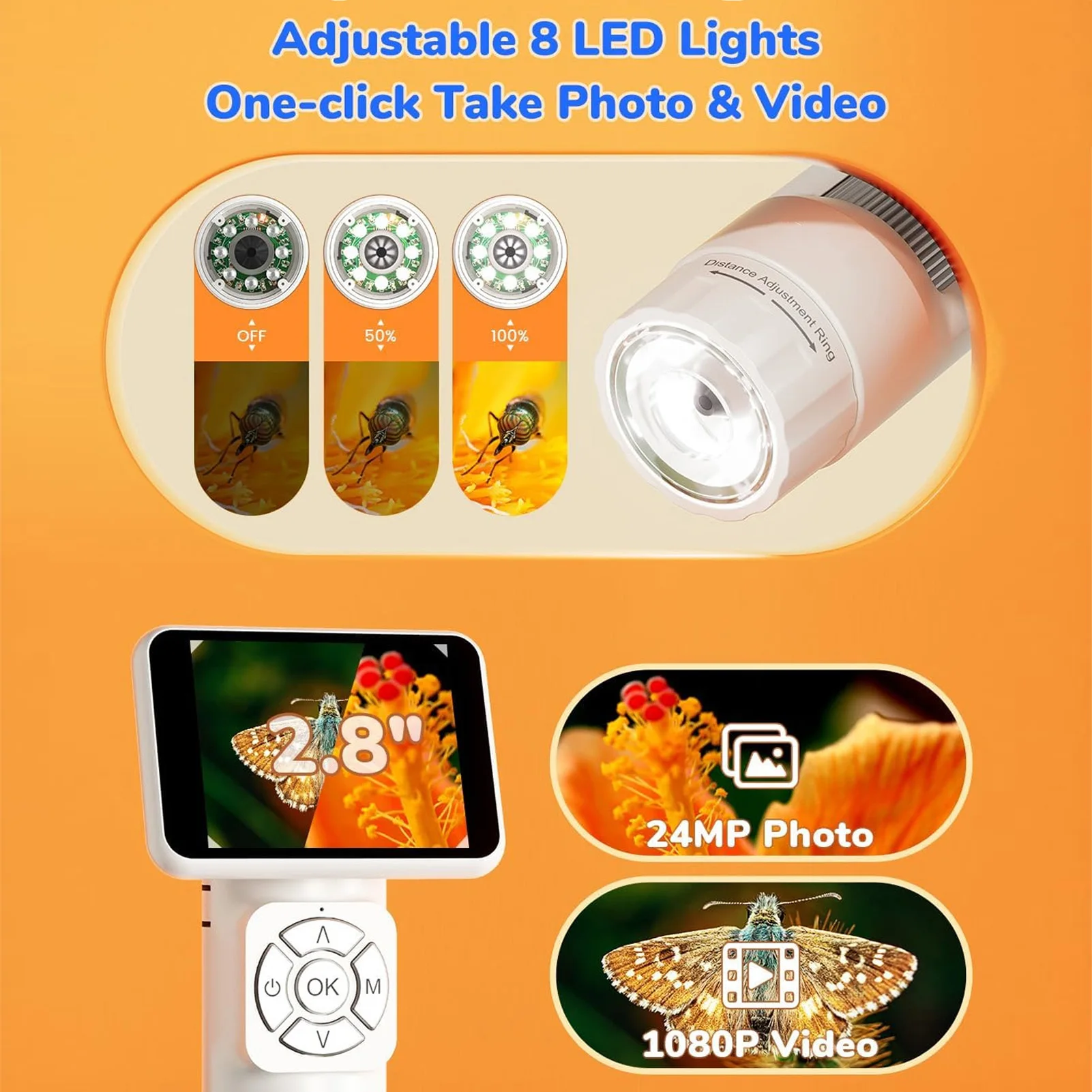 2.8in يده USB LCD مجهر العملة الرقمية استقرار الصورة المحمولة منع اهتزاز مع شاشة 8 أضواء LED 1080P