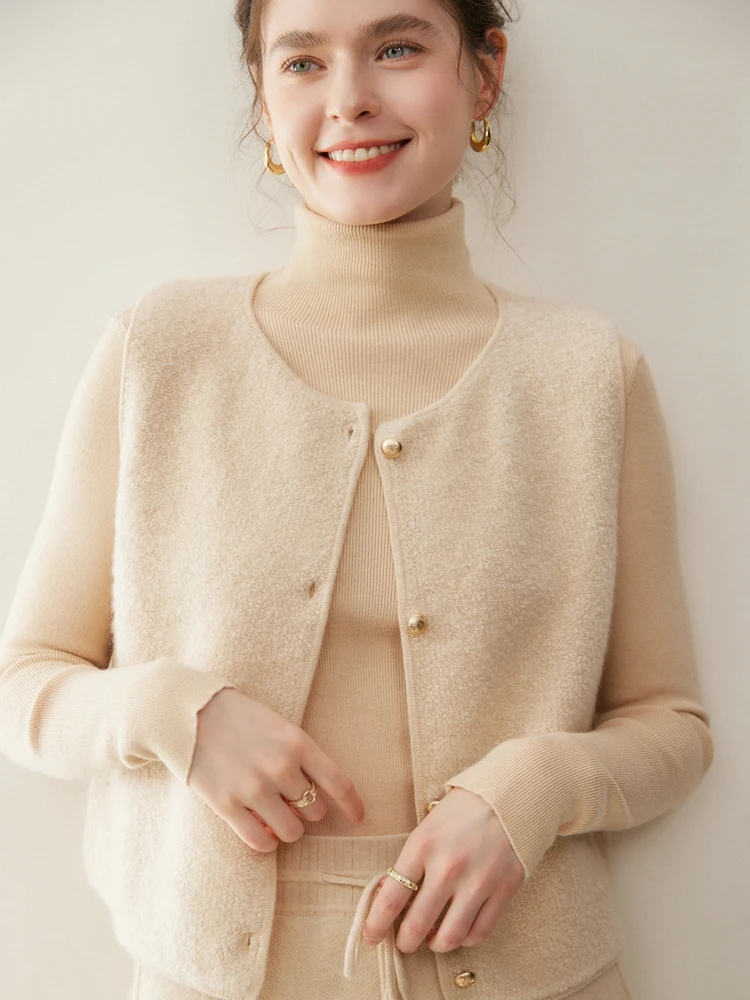 

TLOML Women 100% Cashmere Sweater Vest O-neck Buttons Cardigan Autumn Winter Waistcoat Soft Cashmere Knitwear Casual Tops