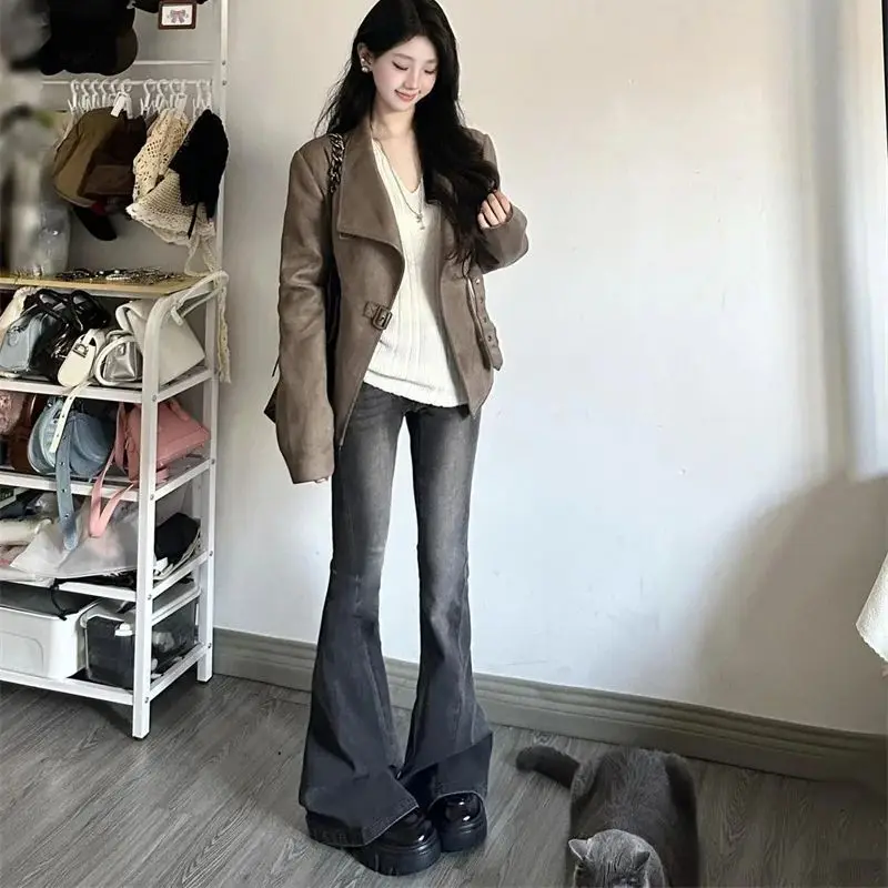 

American-style Hot Girl Suede Jacket Top, Women's Spring and Autumn New Style, Large Lapel, Atmosphere, Slim-fitting, Motorcycle