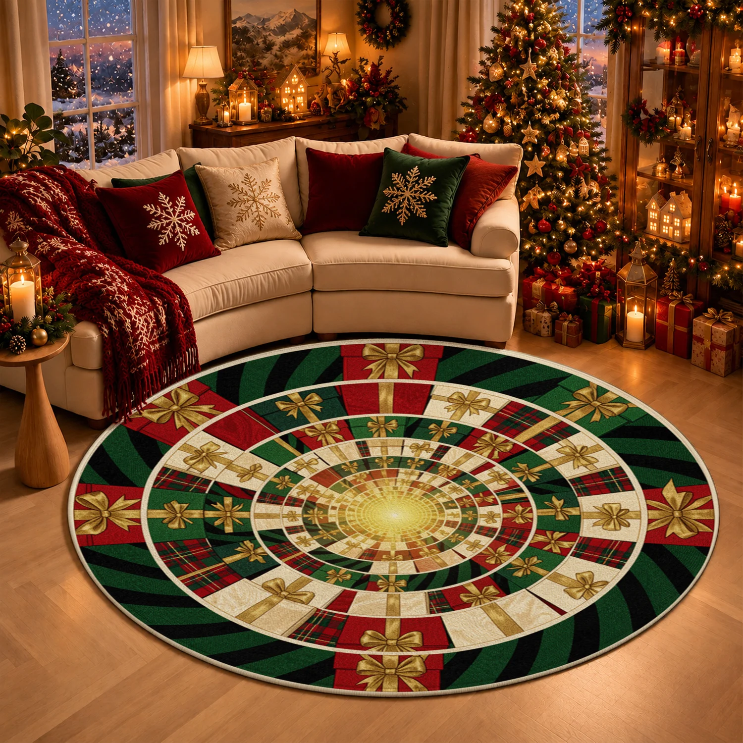 Circular Christmas Gift Bow Design Round Velvet Rug Machine Washable Living Room Bedroom Dining Area Halloween Thanksgiving Black Friday Christmas New Year