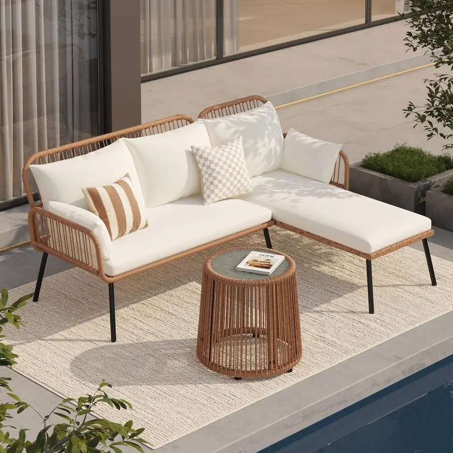 

Outdoor Patio Furniture Set, 3 Piece Wicker Rattan Outdoor Balcony Furniture Set, LShaped Patio Conversation Sofa Set with Cush