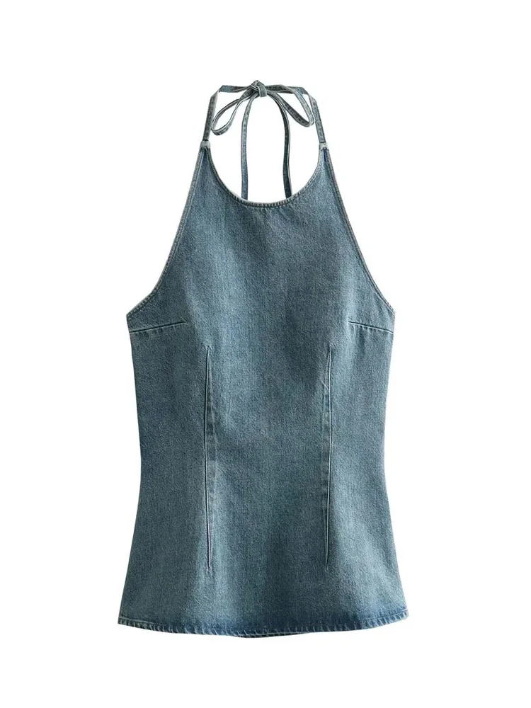 

HH TRAF 2024 Women Summer Sexy Denim Halter Lace-up Top Casual Sleeveless Backless Slim Tops Female Vintage Round Neck Jean Top