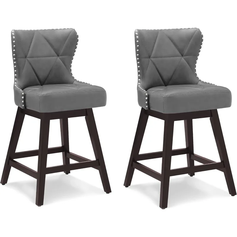 Counter Height Bar Stools Set of 2, 26" H Swivel Bar Stool with Back, Faux Leather Counter Stool, Solid Wood Legs