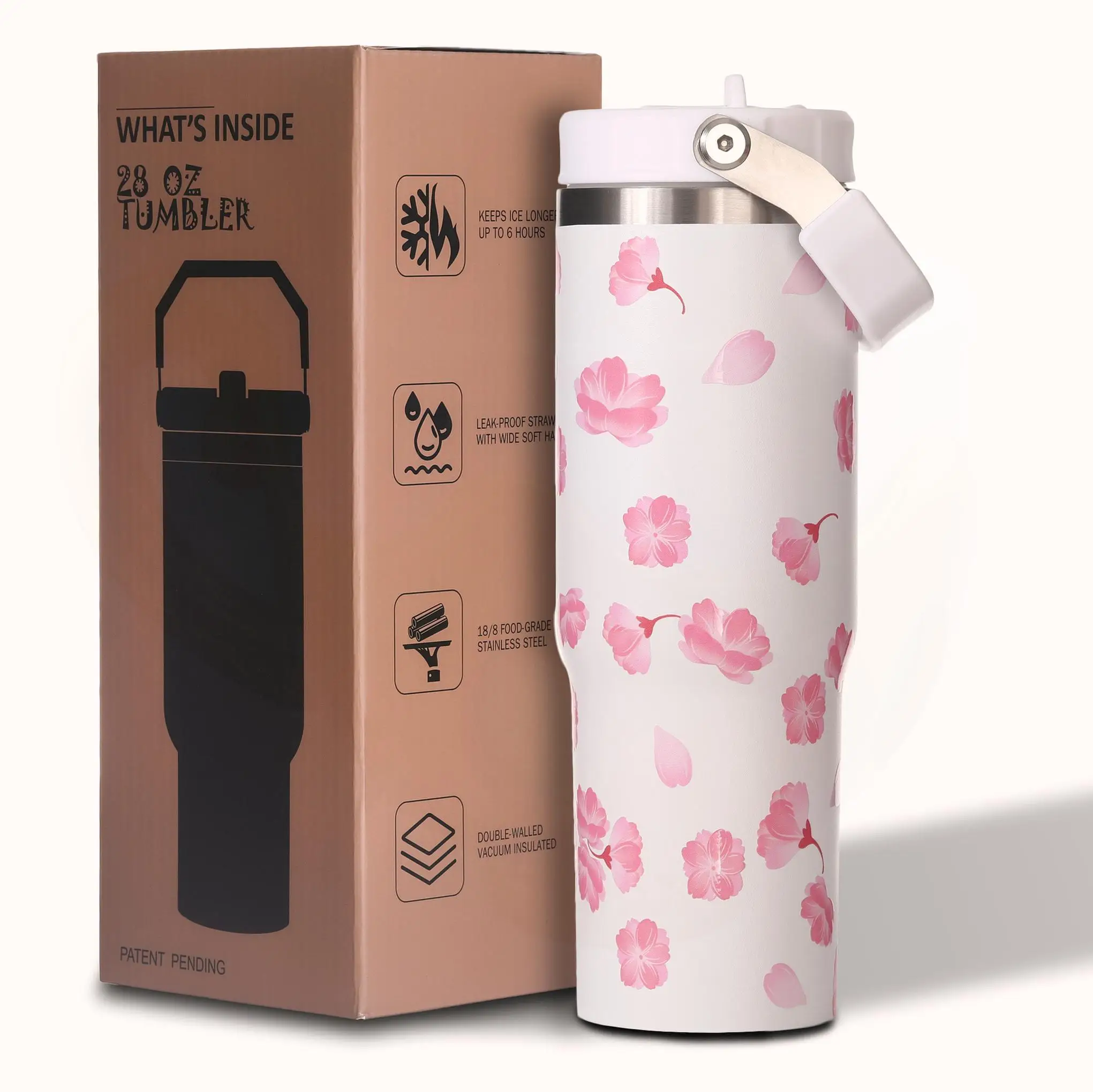 

Стакан с цветочным рисунком вишни на 30 унций, нержавеющая сталь с вакуумной изоляцией, соломенная крышка с ручкой, подарок для подруги или жены