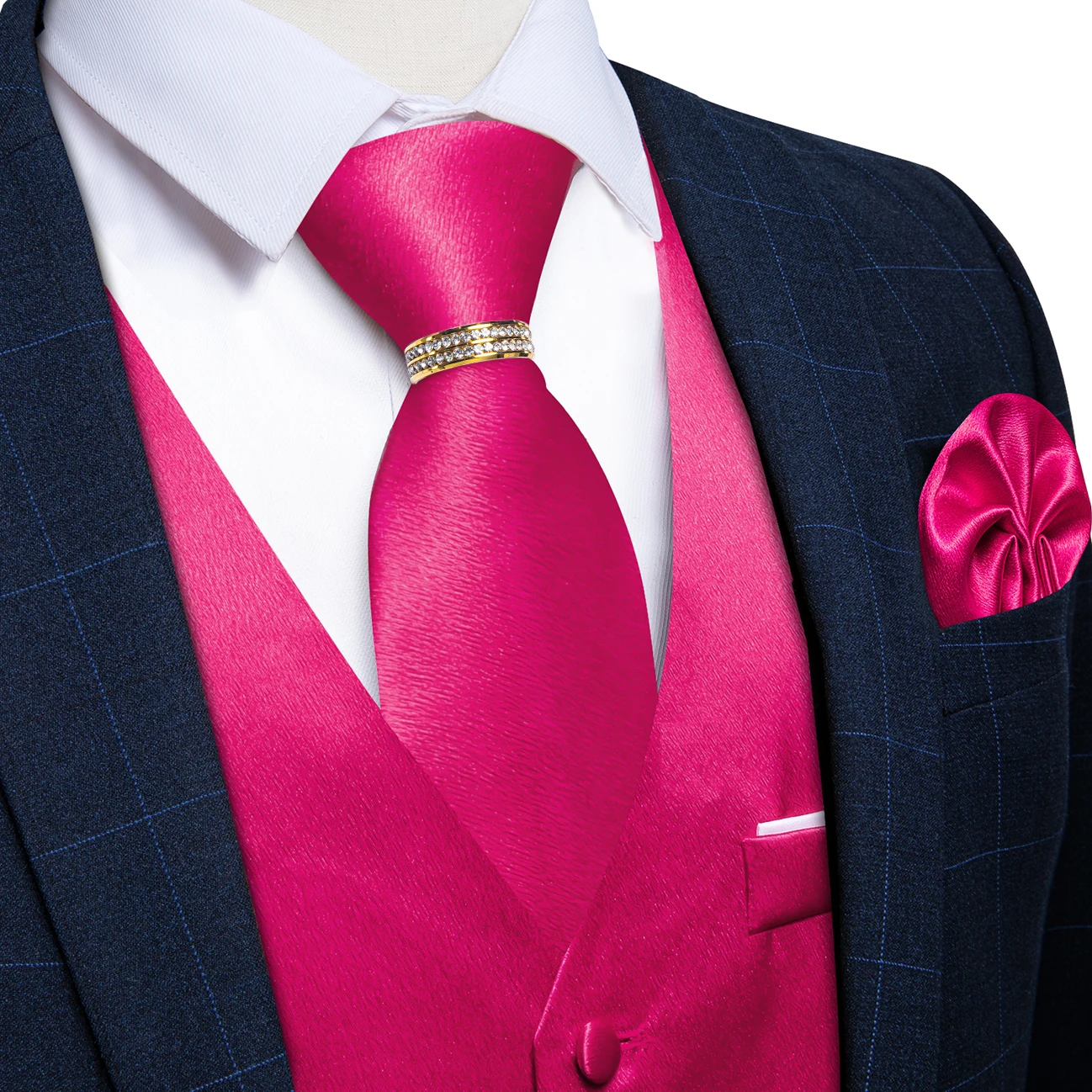 Hot Pink Solid V-Neck Waistcoat 5Pcs Outfit Tie Square Cufflinks Decor Ring For Bridal Party Theme Gala