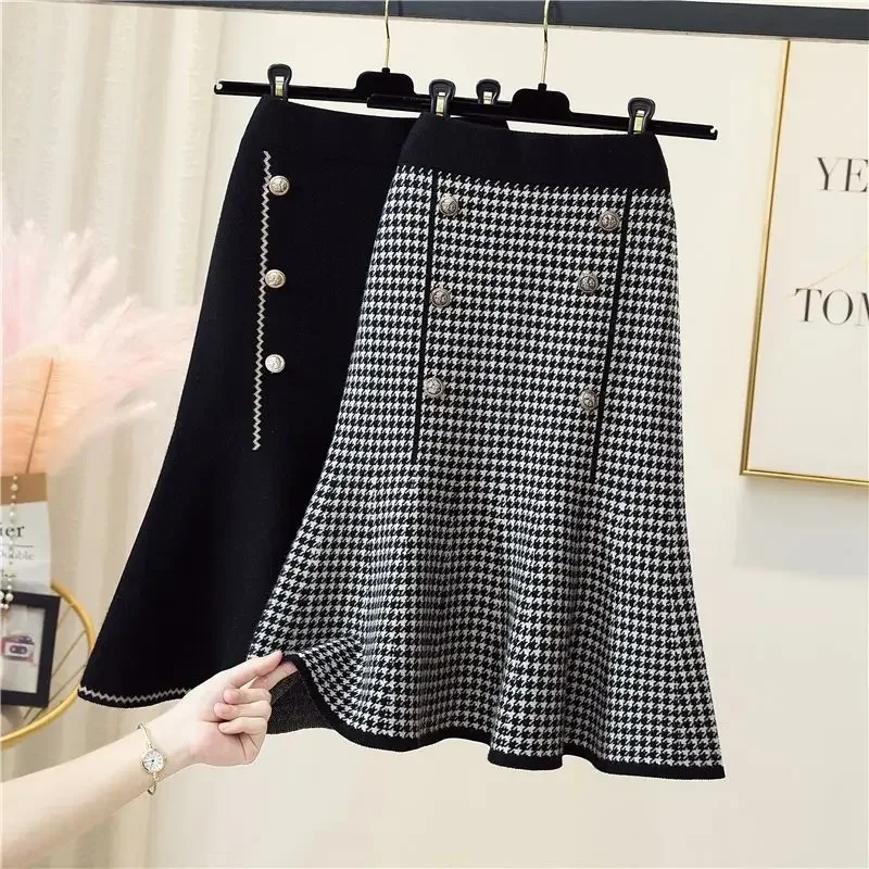 New Fashion Houndstooth Skirt Women Knitted Contrast Color Double-breasted High Waist Wrapped Hip Elegant Skirts Autumn Winter