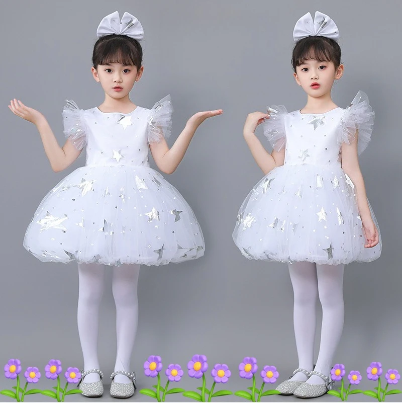 Sparkly Star Print Tulle Princess Dress Sleeveless Flounce Skirt Girls Choir Stage Recital Birthday Outfit With Free Headband