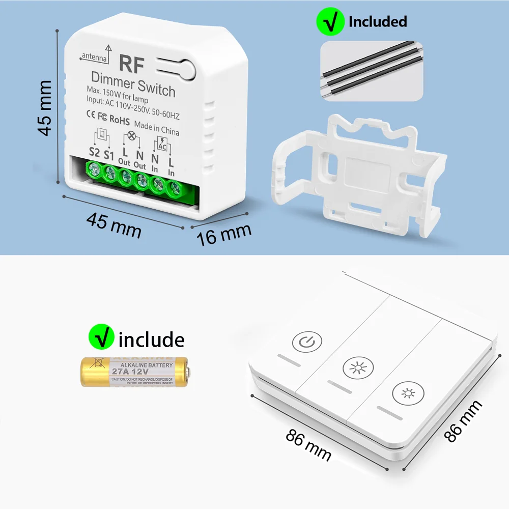 Wireless Dimmer Light Switch with Remote Controls AC110V 220V Dimmable Switch Control for LED and Halogen10W-150W (No Wifi)