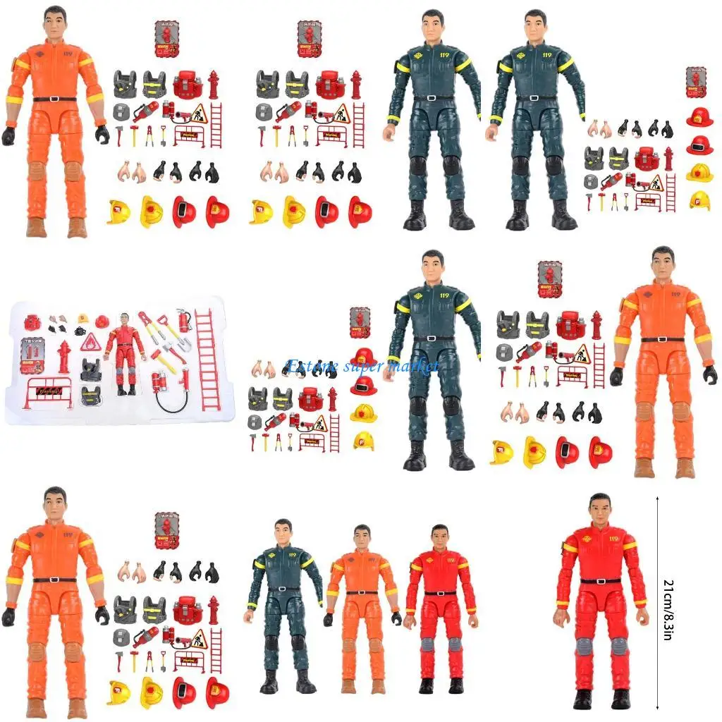 

090B Firefighter Figurine Set & Accessories for Children Model Figure Moveable Firefighter Man Figurine Toy Boy Collection