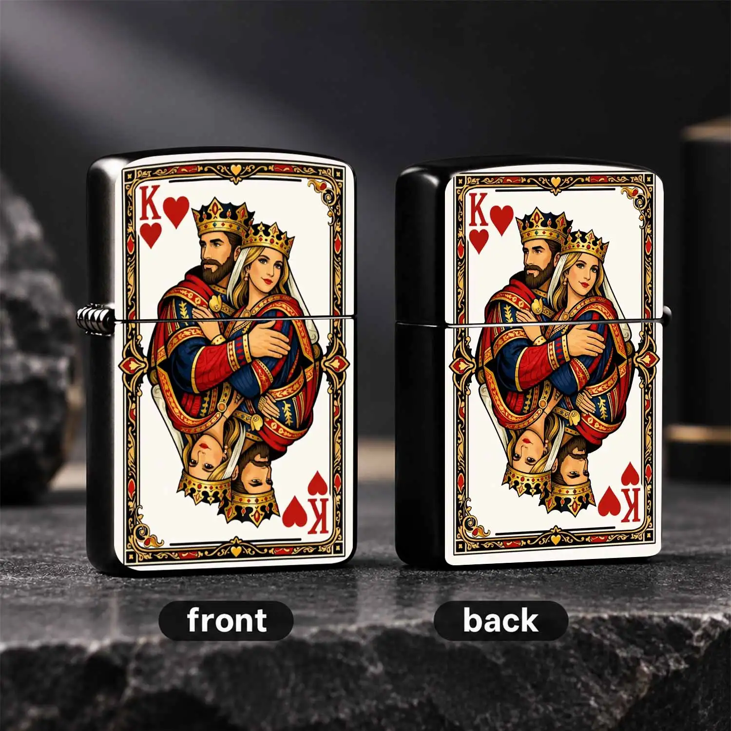 Retro Playing Card Style King Of Hearts Embrace Pattern Lighter, Exquisite Gold Trimmed Decor Frame Portable Igniter, Ideal For Daily Use, Candle Lighting, Outdoor Activities, Gifting For Friends And Family A Humorous And Interesting Lighte