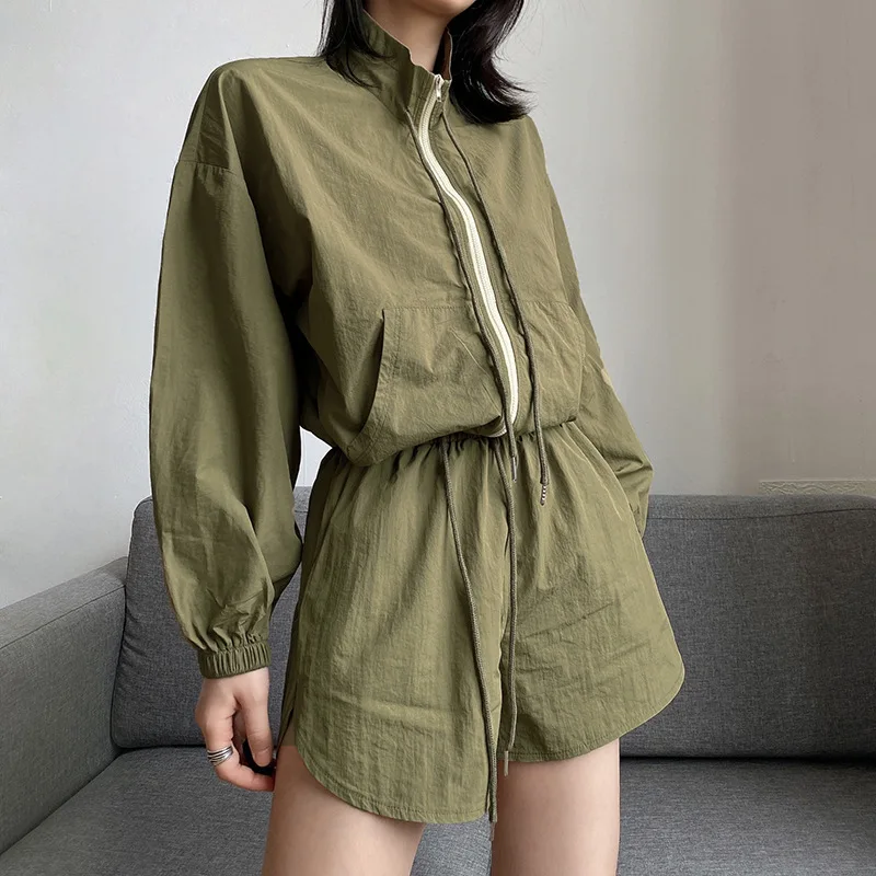 Two Piece Set Women Fashion Windbreaker Fabric Zipper Cardigan Baseball Uniform Coat Elastic High Waist Loose Shorts Casual New