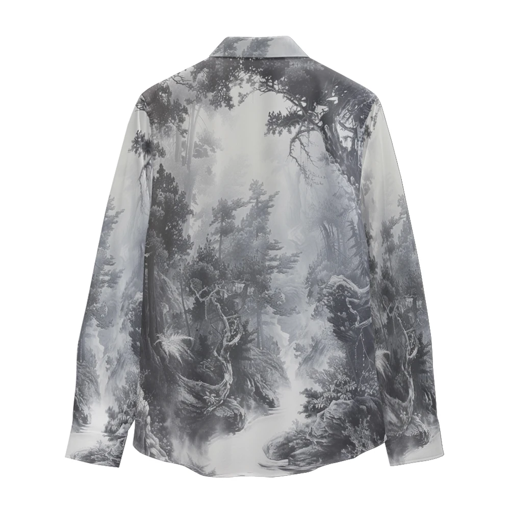 Chinese landscape painting printed pattern long sleeved shirt, Spring and Autumn new style