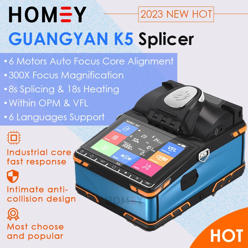 

Guangyan 2023 New Arrival 6 motors K5 Optical Fiber Fusion Splicer Welding Machine with Touch Screen VFL OPM