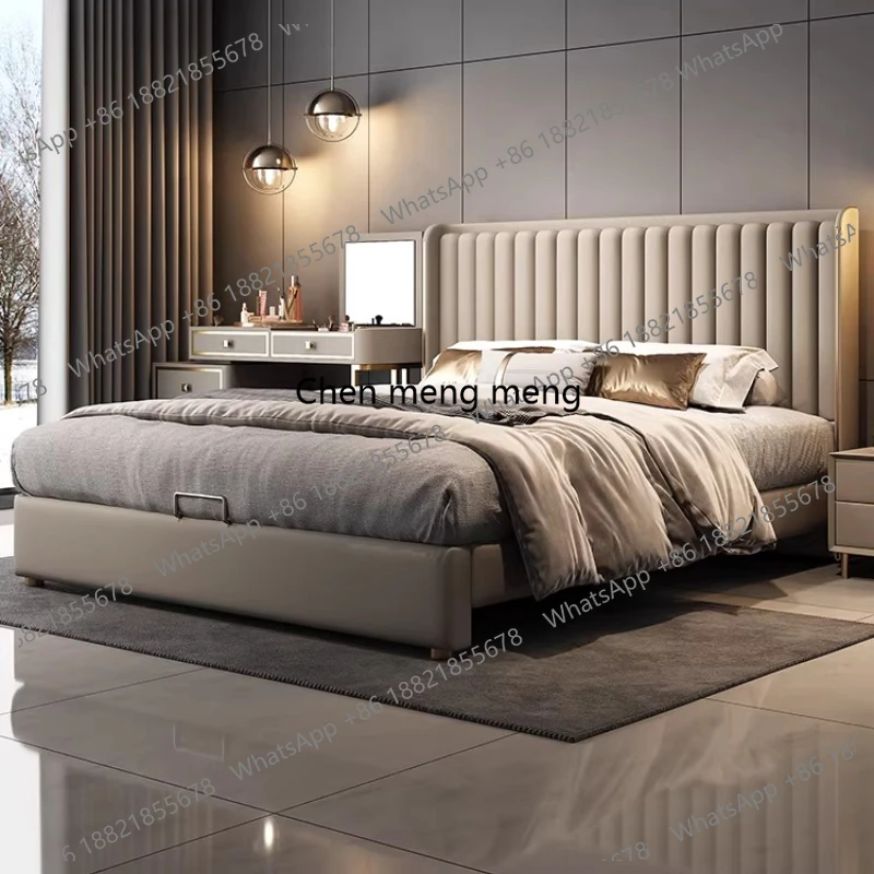 New high-end modern simplicity high backrest thin bedside master bedroom big bed leather flush edge