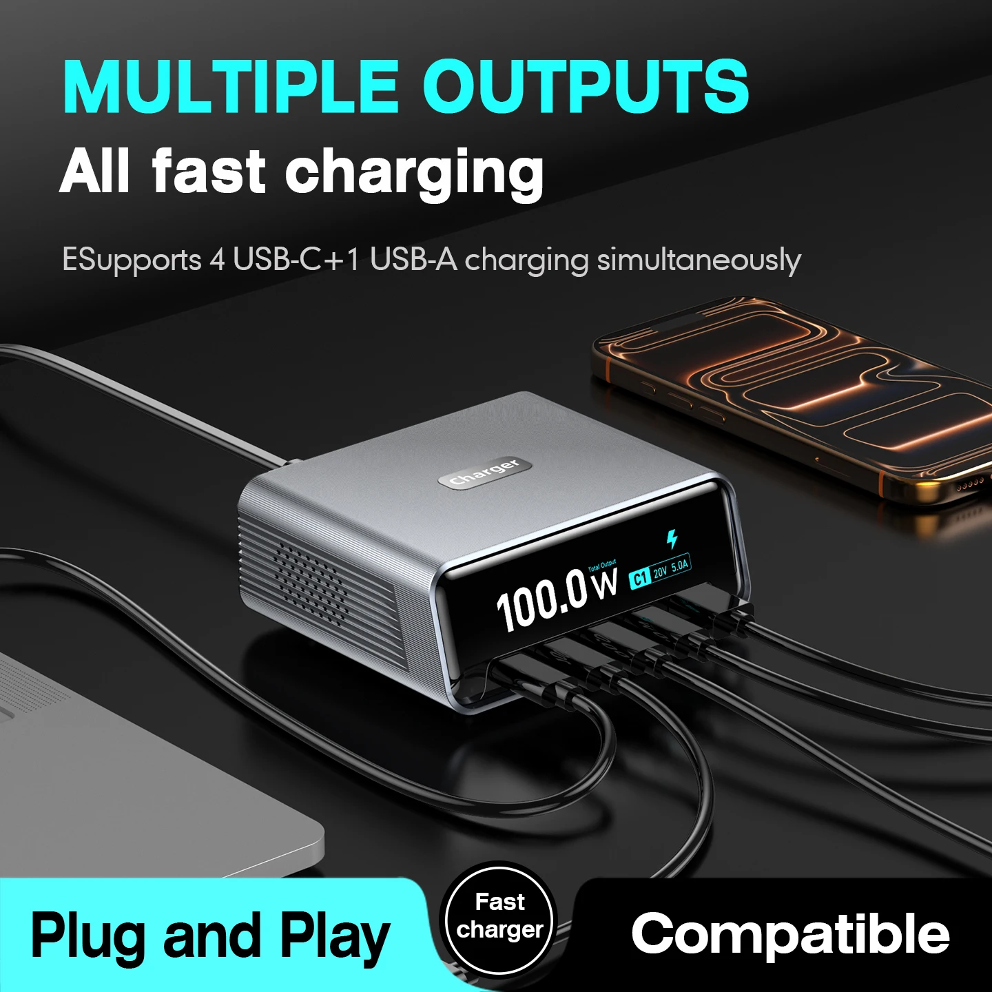 Multi-Port 265W GaN Fast Charger 4C1A Digital Display For Laptop/Phone/Tablet GaN Fast Charging Station For Travel/Home Office