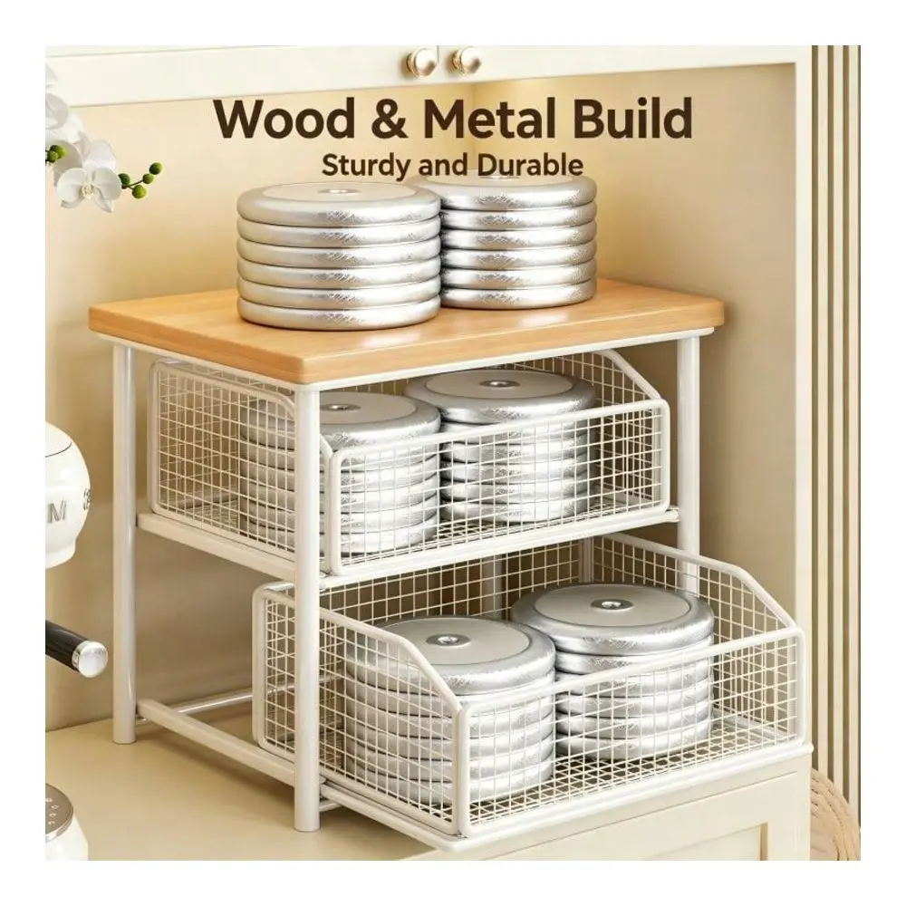 Solid Hardwood & Metal Double Layer Drawer-Type Countertop Organizer, Multi-Functional Vertical Storage Shelf For Coffee Bar Layout, Practical Household Storage Box To Store Coffee Mugs, Seasoning Spices, Tableware view 6