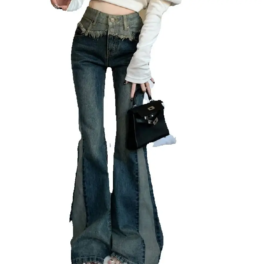 High-Waisted Retro Spliced ​​High-Sided Jeans Women Summer Slimming New Color-Blocking Casual Flared Trousers