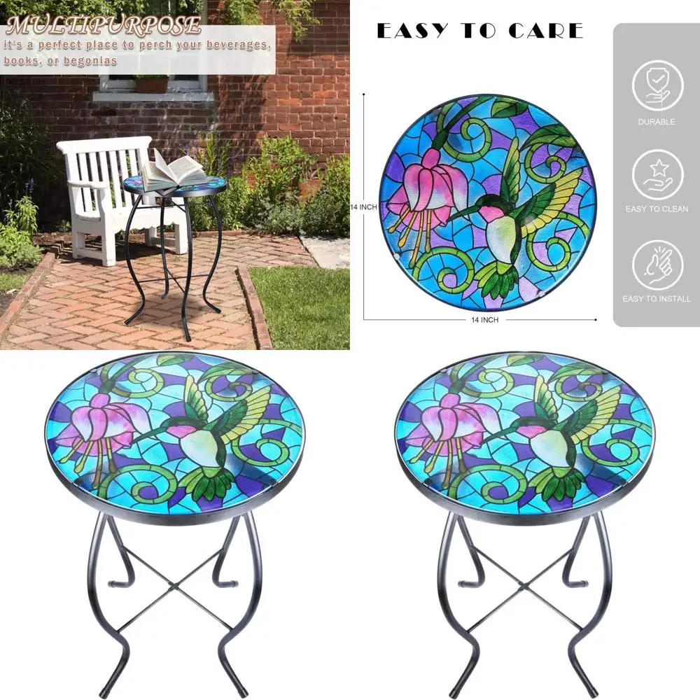 

Outdoor Round Glass Patio Side Table, Bistro Coffee Table, Indoor Balcony Plant Stand