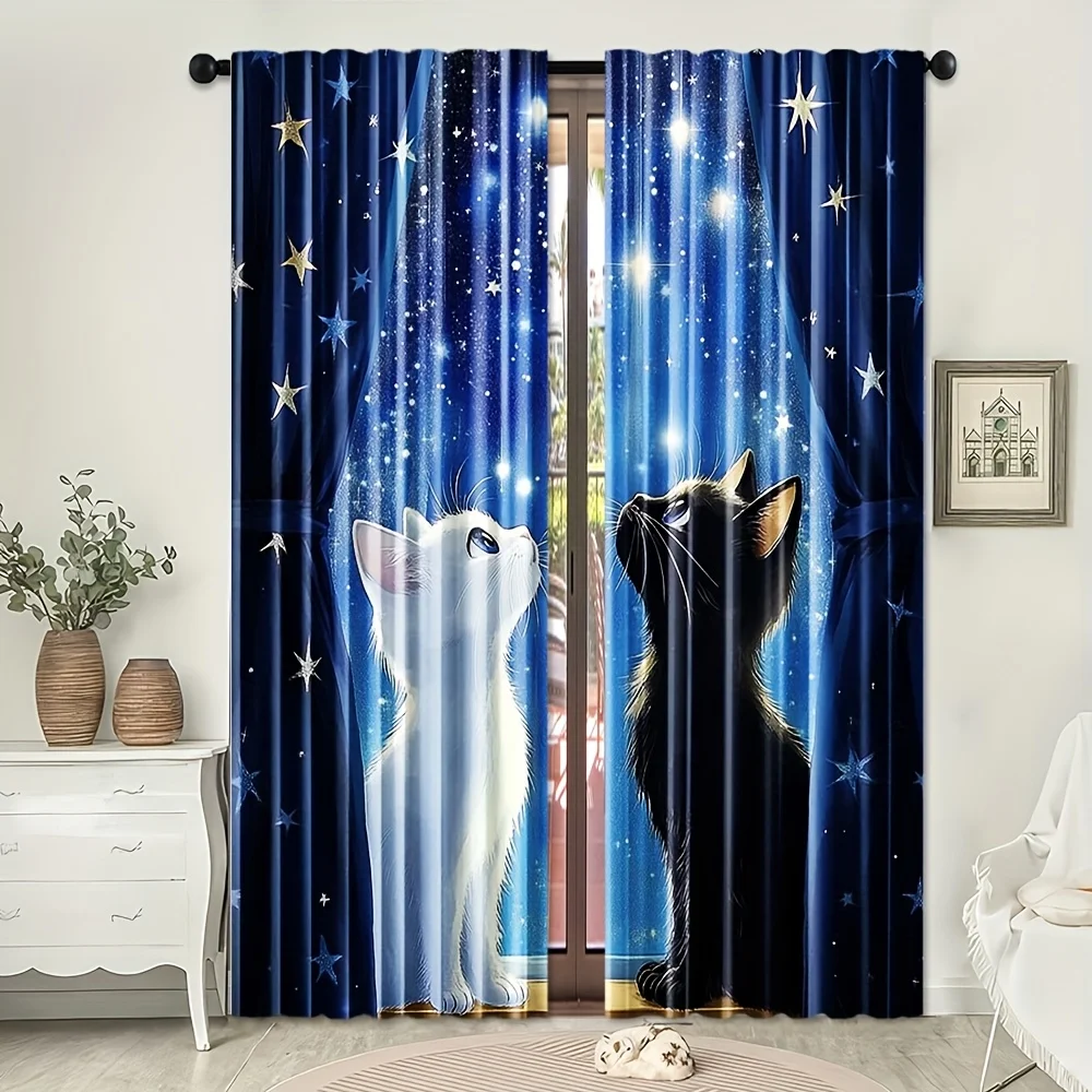 Starry Night Cat Curtains Blackout Drapes for Bedroom Living Room Dreamy Decor Blue Galaxy Animal Print Window Treatment Panels
